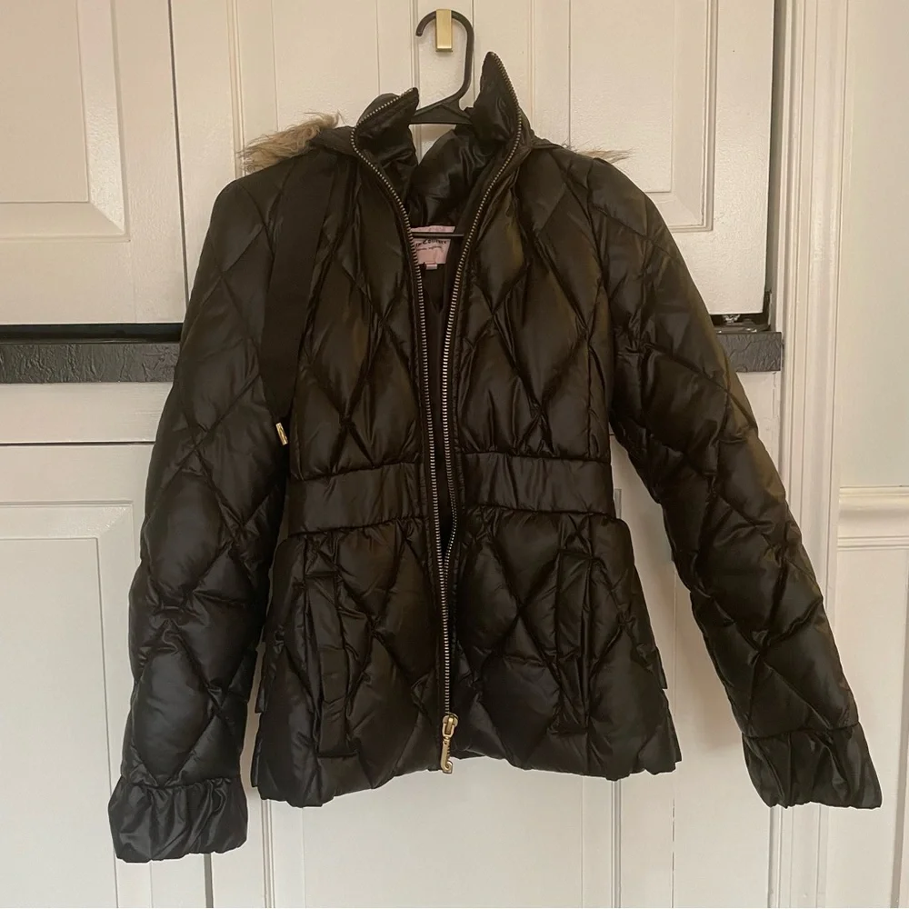 Juicy Couture down filled matte black puffer jacket faux fur hood - Picture 4 of 4